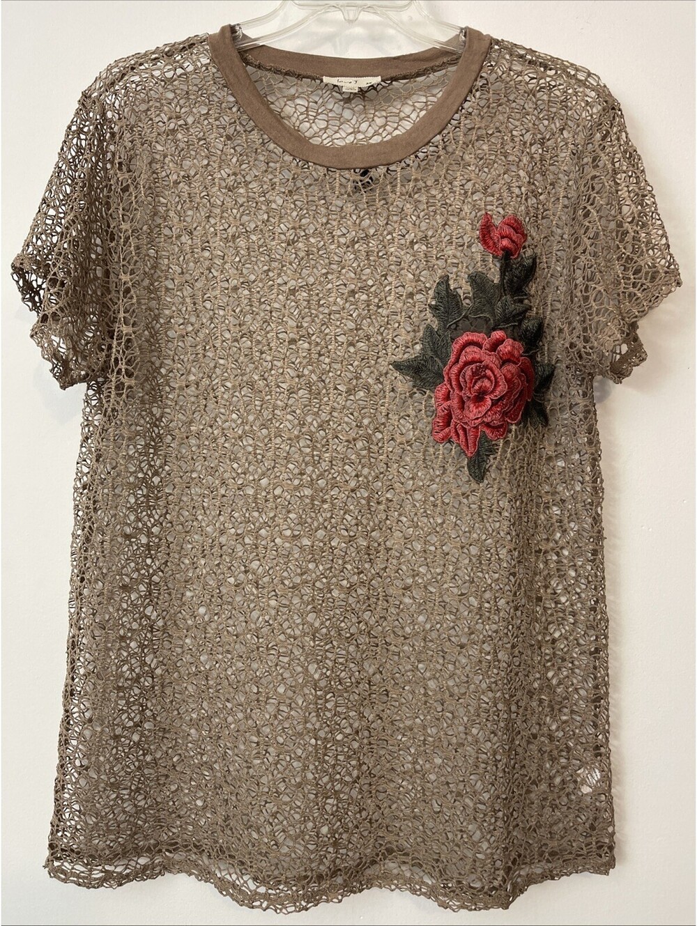 Love J Womens 2x Brown Tunic-Style Embroidered Crocheted Cover Blouse! M514